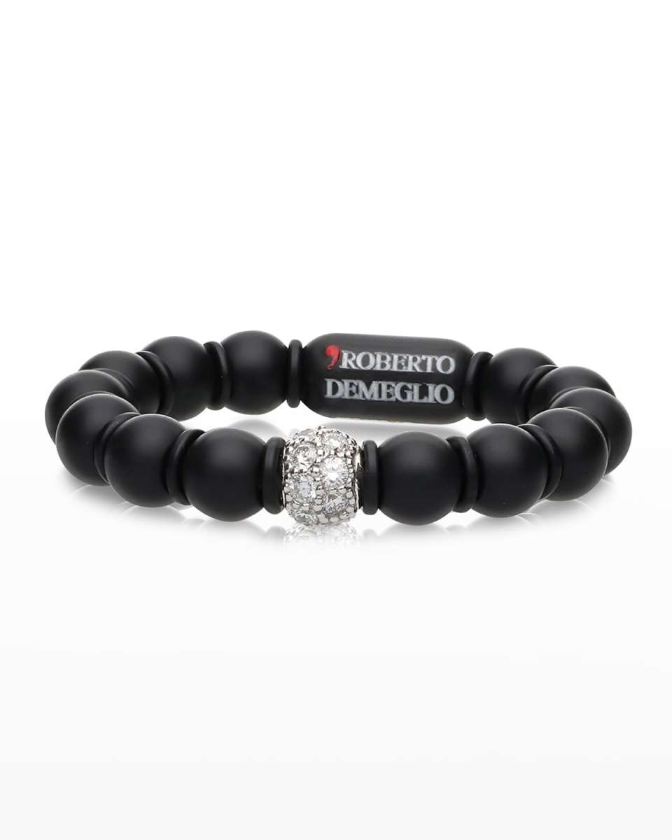 White Gold and Black Ceramic Sfera Stretch Ring with One Diamond Bead